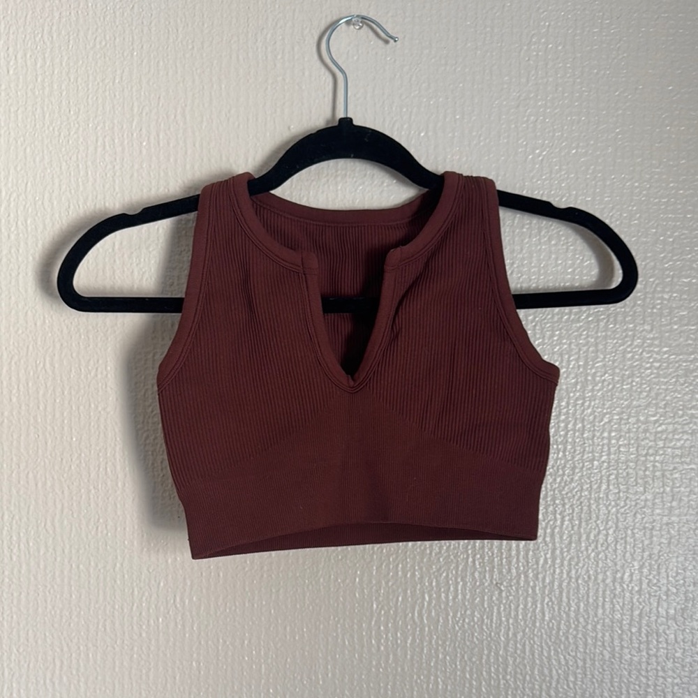 Brown ribbed workout set